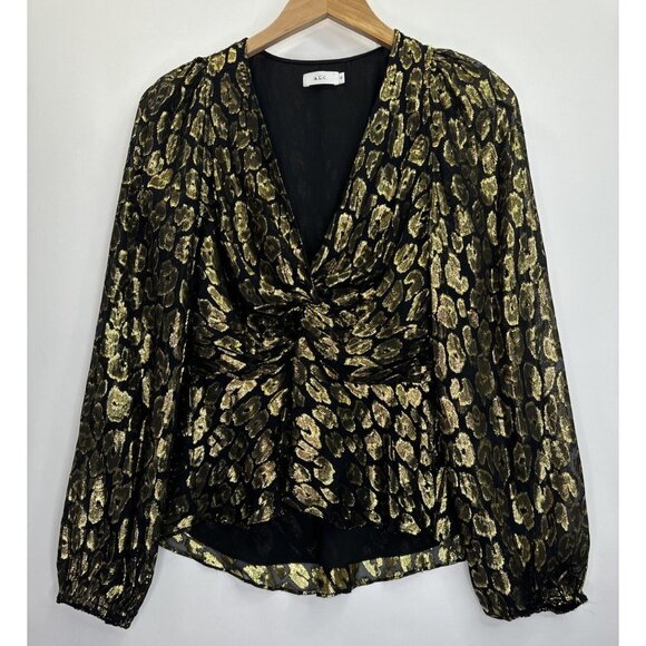 A.L.C. Women's Logan Metallic Print Silk Long Sleeve Blouse Size 8 - Picture 2 of 13